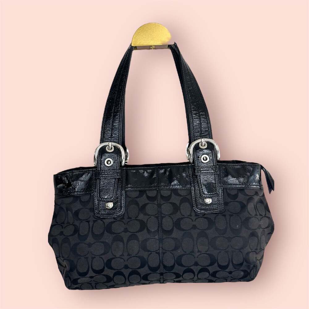 Coach Soho Pleated Signature Black Canvas Large Shoulder Handbag F13742